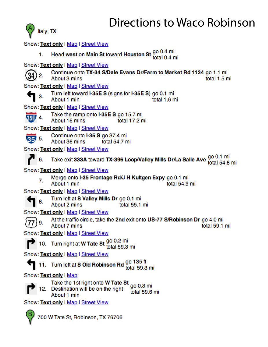 Image: Directions to Robinson — Directions to Waco Robinson High School. Double click image to enlarge and set your print setup to “Fit to page” before printing.