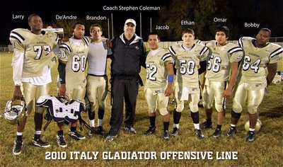 Image: Bonds formed — Italy’s line coach, Stephen Coleman, is pictured with his offensive line consisting of Larry Mayberry(77), De’Andre Rettig(60), Brandon Souder(63), Jacob Lopez(52), Ethan Simon(50), Omar Estrada(56) and Bobby Wilson(64).