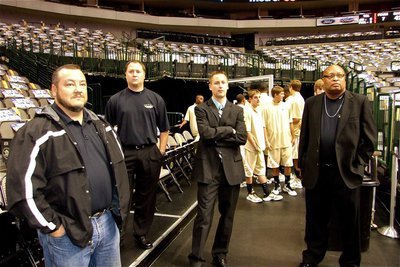 Image: Leading the way — Gladiator coaches Craig Bales, Josh Ward, Aidan Callahan and Larry Mayberry, Sr. prepare to take the Dallas Mavericks’ home court with their players.