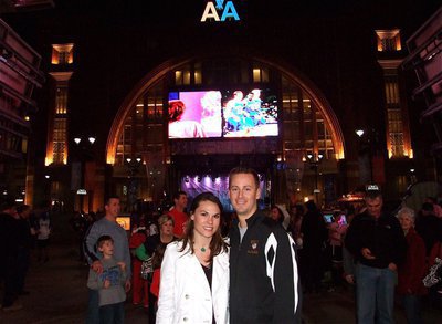 Image: Good times — Italy Gladiator head coach Aidan Callahan shares the excitement of the day’s events with his wife Marin as the couple stand outside the American Airlines Center in Dallas before watching the Dallas Mavericks play the San Antonio Spurs.
