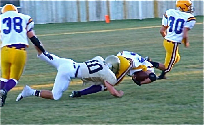 Image: Old reliable — Chase Hamilton(10) makes a touchdown saving tackle.