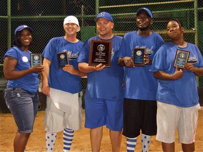 Image: Happy coaches — Milford coaches Veronica Rankin, Michael Brown, Ty Evans, Marcus Houston and Jennifer Brooks display their district tournament plaques.