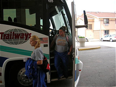 Image: DeMoss in Missouri — Sarah DeMoss, on the left, arrives in style in St. Joseph Missouri as her 19th ranked, Angelo Lady Rambelles Softball Team, prepares to compete in the 2010 NCAA, Division II, National Championship tournament.