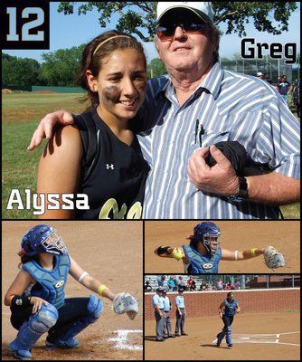 Image: Loving the game — Freshman catcher Alyssa “Bone Crusher” Richards has been a huge part of the Lady Gladiators’ 6-0 playoff run. In Saturday’s game against Meridian, Richards caught a foul ball while crashing into the backstop. The backstop was a brick wall by the way. Top: Alyssa gets a hug from her grandfather Greg Richards. A former little league baseball coach, Greg currently has five grandchildren playing softball and/or baseball in Italy.