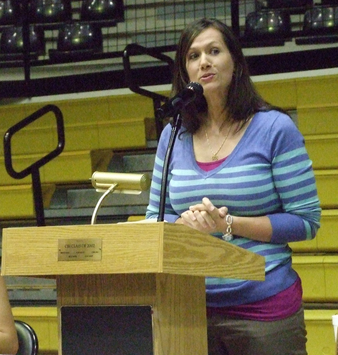 Image: Casey gives the announcement — Casey Hyles Holden reminded the audience of how special her grandmother, Maidie Hyles, was to this school and town.