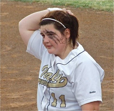 Image: We did it! — Senior Meredith Brummett tries to get a handle on the moment after the game one win over Meridian. The Lady Gladiators are riding a 5-game playoff winning streak and will try to end the series against the Meridian Lady ’Jackets this Saturday at 4:00 p.m. and 6:00 p.m. if needed.