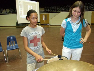 Image: Alex &amp; Whitney — 7th grade Percussionists’ Alex Minton-Fielder and Whitney Wolaver test the drums before the Spring Concert.