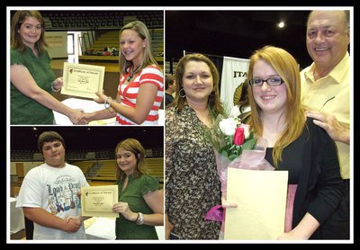Image: Bailey, Hank and Emily — Top left: Bailey Eubank is honored with a Certificate of Awards from IHS Principal Tanya Parker. Bottom left: Hank Seabolt modestly accepts his Certificate of Award from Principal Parker. Right: Emily Stiles is presented a bouquet of flowers from her parents Clover and Mark Stiles after the Italy Junior High School Honors Assembly.