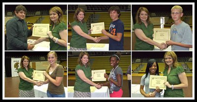 Image: Award winners! — Top row: Kevin Roldan, Chace McGinnis and Cody Boyd each accept their Certificate of Award from IHS Principal Tanya Parker. Bottom row: Madison Washington, Kortnei Johnson and Ryisha Copeland are each presented their Certificate of Award from IHS Principal Tanya Parker.