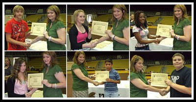 Image: More winners! — Top Row: Kyle Machovich, Jesica Wilkins and Kendra Copeland each receive a Certificate of Award, and a handshake, from IHS Principal Tanya Parker. Bottom Row: Corl McCarthy, Juan Suaste and Kelton Bales proudly accept their Certificate of Award from IHS Principal Tanya Parker.