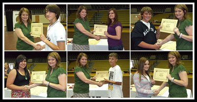 Image: Still, more honorees! — Top row: Jacob Witte, Devan Payne and Joe Mack Pitts graciously accept their Certificate of Award from IHS Principal Tanya Parker. Bottom row: Monserrat Figueroa, Colton Petrey and Haylee Love are each honored with a Certificate of Award from IHS Principal Tanya Parker during the assembly.