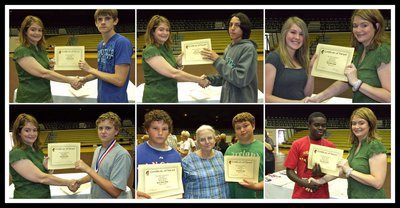Image: Ms. Parker gets carpal tunnel — Top row: Justin Wood, Adam Michael and Taylor Turner receive their Certificate of Award from IHS Principal Tanya Parker as well. Bottom row: Bailey Walton accepts his Certificate of Award from IHS Principal Tanya Parker, cousins John and Zain Byers pose with their grandma Ann Byers and Name Withheld shakes hands with IHS Principal Tanya Parker after receiving his Certificate of Award.