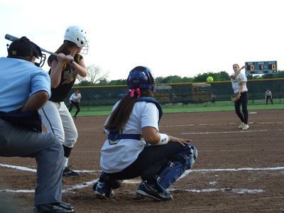 Image: Strike three! — Courtney Westbrook pitches a strike to teammate Alyssa Richards behind the plate against Hubbard.