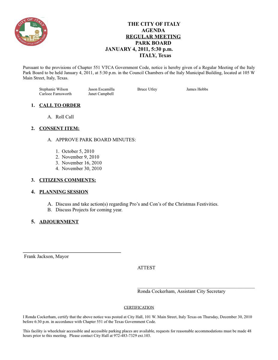 Image: Agenda — Meeting was originally scheduled for Tuesday, January 4.  Due to lack of quorum the meeting has been rescheduled for Tuesday,  January 18.