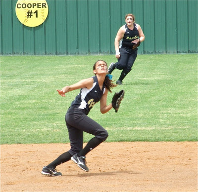 Image: Anna and Merbear — Shortstop Anna “Hollywood” Viers and left fielder Meredith “Merbear” Brummett react to a popup hit by the Blue Ridge Lady Tigers.