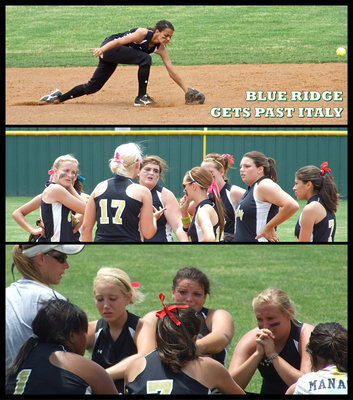 Image: Tough day — Top: Credit Blue Ridge’s hitters as they slip one past Italy’s talented shortstop Anna Viers. Middle: Megan Richards waves Italy’s entire defense to the mound in an effort to focus her team. Bottom: Italy head softball coach Jennifer Reeves tries to console her Ladies after the disappointing loss.