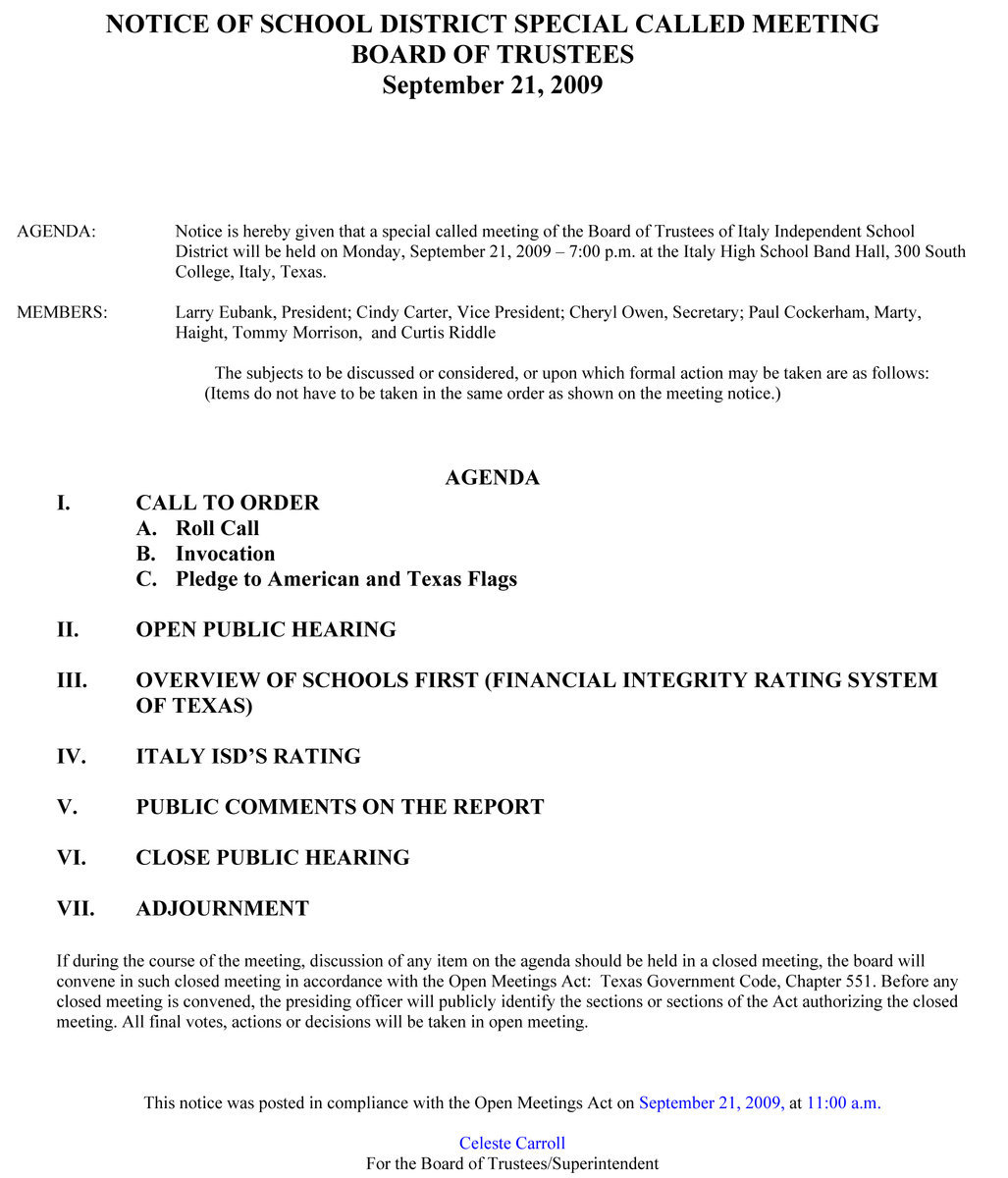 Image: Called Meeting Agenda, Italy ISD School Board — September 21, 2009