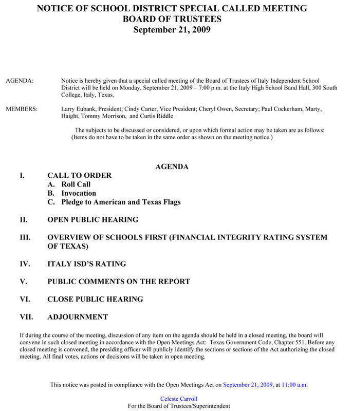 Image: Called Meeting Agenda, Italy ISD School Board — September 21, 2009