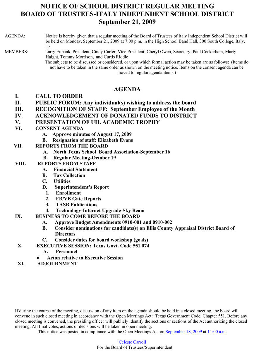 Image: Agenda, Italy ISD School Board — September 21, 2009