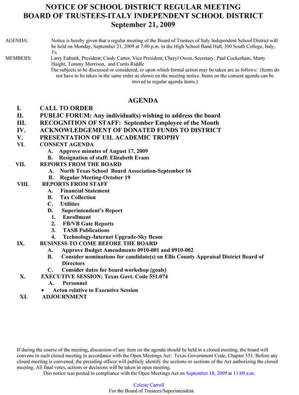 Image: Agenda, Italy ISD School Board — September 21, 2009