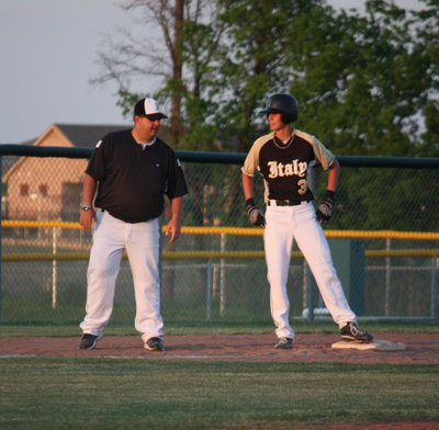 Image: Jase and Coach — Jase Holden gets ready to steal home.