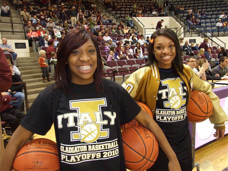 Image: Jameka &amp; Kyonne — Lady Gladiators Jameka Copeland and Kyonne Birdsong help the boys during their pre-game warm-up.