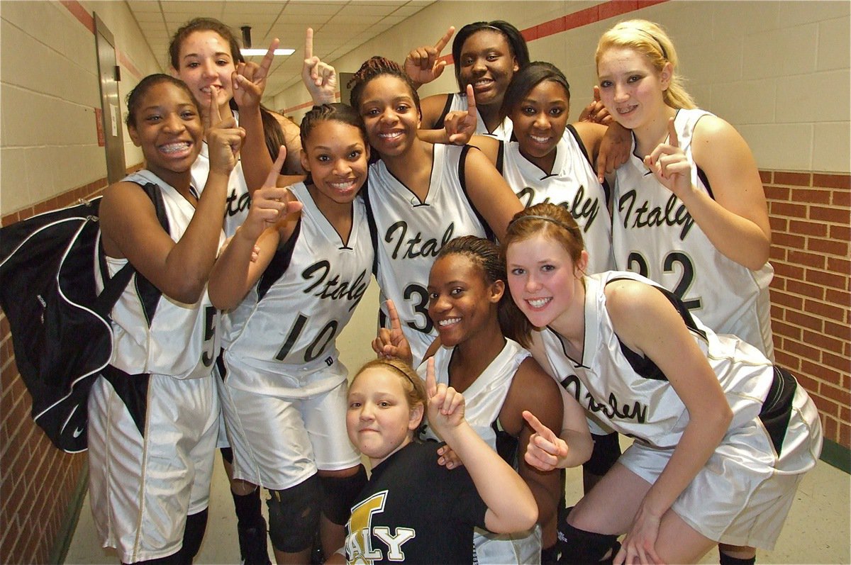 Image: Italy Lady Gladiators – 1A bi-district champions — The Italy Lady Gladiators celebrate their Bi-District Championship win over Bosqueville. Back row: Alyssa Richards and Jimesha Reed. Middle row: Jameka Copeland, Kyonne Birdsong, Jaleecia Fleming, Chante Birdsong and Megan Richards. Front row: Brycelen Richards, Brianna Burkhalter and Kaitlyn Rossa. Not pictured: Khadijah Davis.