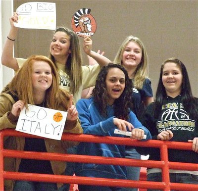 Image: The upper deck — Katie Byers, Morgan Cockerham, Anna Viers, Taylor Turner and Paige Westbrook were cheering loud and proud from the upper deck of the West High School gym.