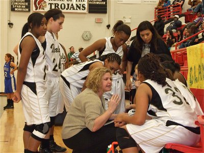 Image: Getting into it — Lady Gladiator head coach Stacy McDonald emphasises the keys to success during a timeout.