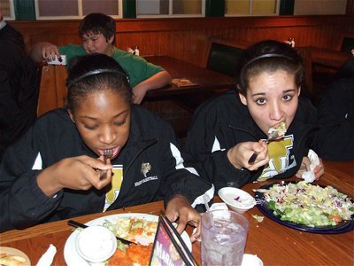 Image: Eat Greedy — The lady Gladiators devoured Bosqueville for the bi-district championship and then showed their meals who was boss at the Black-eyed Pea in Hillsboro after the game.