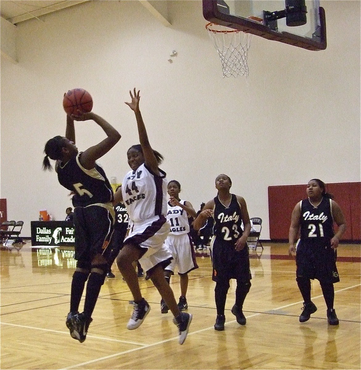 Image: Jameka Copeland — Freshman Jameka Copeland(5) handled the point guard duties for the Lady Gladiators on Tuesday at Dallas Faith Family while Brianna Burkhalter(23) and Khadijah Davis(21) controlled the boards.