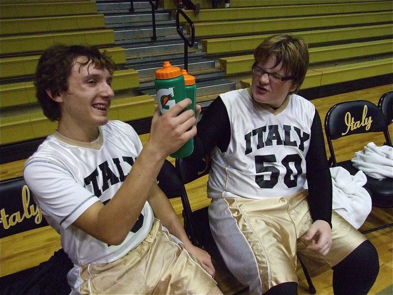 Image: Celebrating fouling out — Chace and Tyler celebrate after both fouled out during the game.