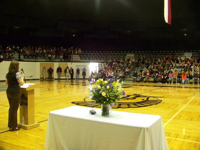 Image: Assembly in the Dome — Tanya Parker, IHS Principal, addresses faculty and students.