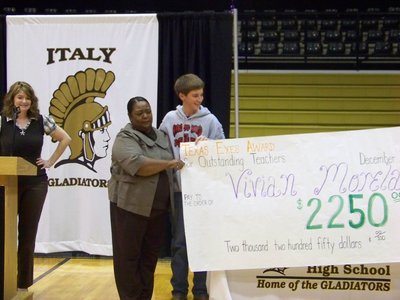 Image: Near tears — Moreland received a $2,250 check from the Texas Exes for being one of the Top 10 Teachers in Texas.