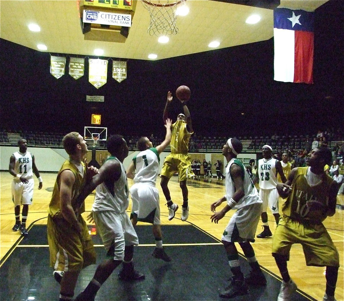 Image: Heath Clemons stops and pops over Keren’s defenders — The Italy Gladiators battled the Kerens Bobcats on Day 3 of the the Italy Invitational Tournament. Although Heath Clemons(2) scored 12-points in the Championship game, Kerens pulled away in the 2nd half to win 89-71.