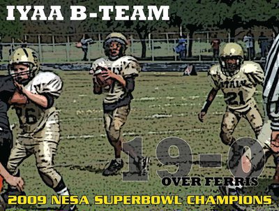 Image: Cade, Tylan and Taron — Posterized are Cade Roberts(26), Tylan Wallace(7) and Taron Smith(21) as this moment in time captures the B-Team offense in action during their 19-0 win over the Ferris Yellowjackets in the 2009 NESA Superbowl.