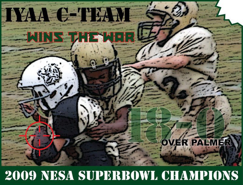 Image: C-Team zeroed in — Ricky Pendleton(3) and Holden Schrotke(22) get posterized after the IYAA C-Team defeated the Palmer Bulldogs 18-0 in the 2009 NESA Superbowl. It was a battle between two unbeaten teams that did not want to lose this war. And by the way, C-Team allowed 0-points scored against them all season.