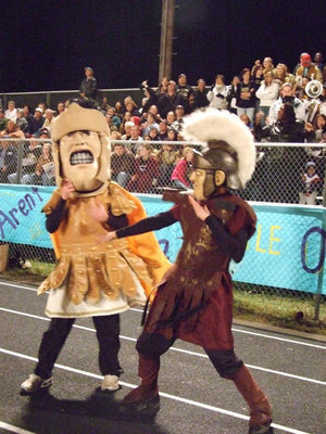 Image: Mascot mania! — Dan Crownover and Matt Brummett do a little spirit dance for the crowd.