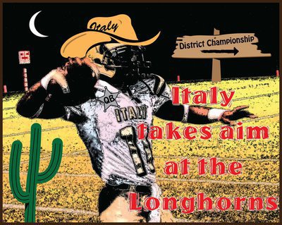 Image: Feather in our cap — The Italy Gladiators lay down the law against the Axtell Longhorns in a Texas, Friday night, shootout. Well, more like a shutout, as the Gladiators blasted their way to a 13-0 victory.