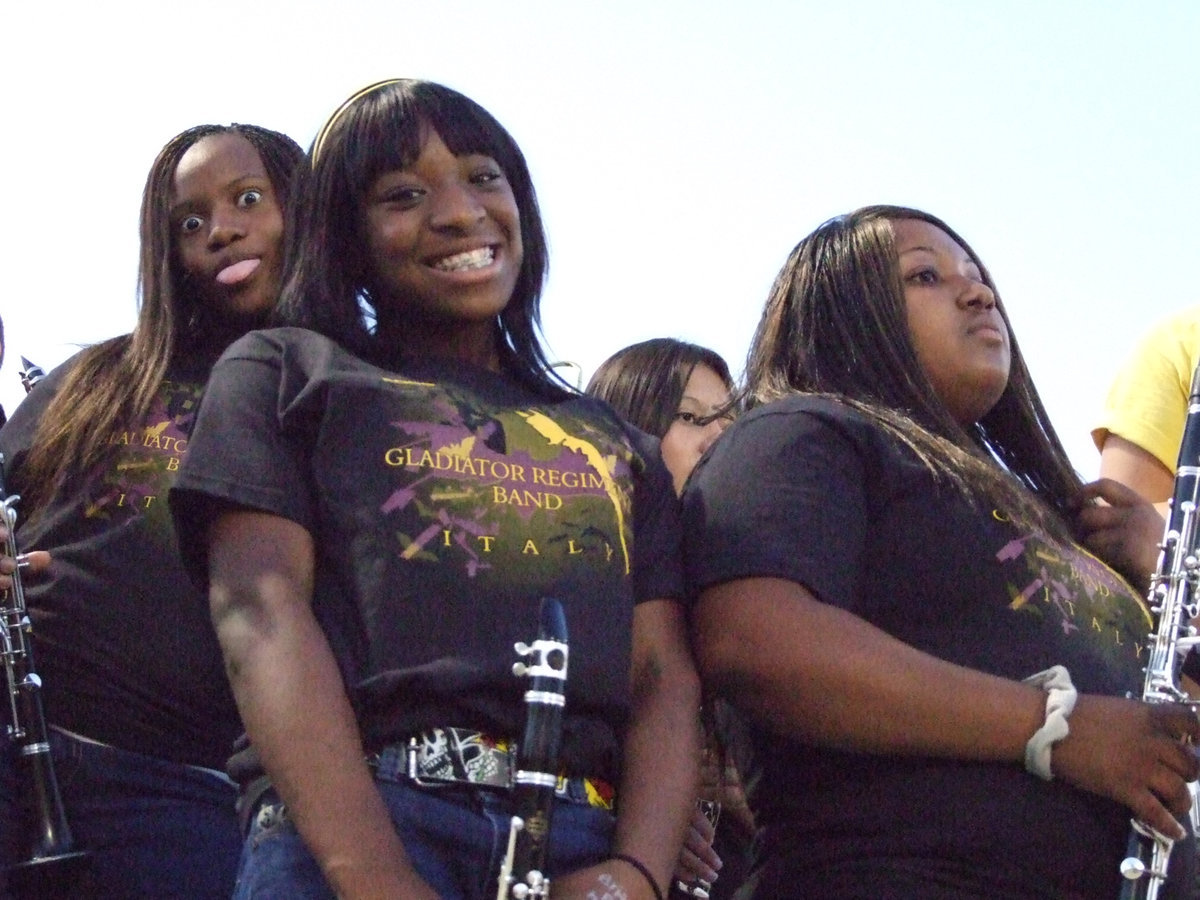 Image: Band happy — Brianna Burkhalter and Chante Birdsong are ready to play at half time.