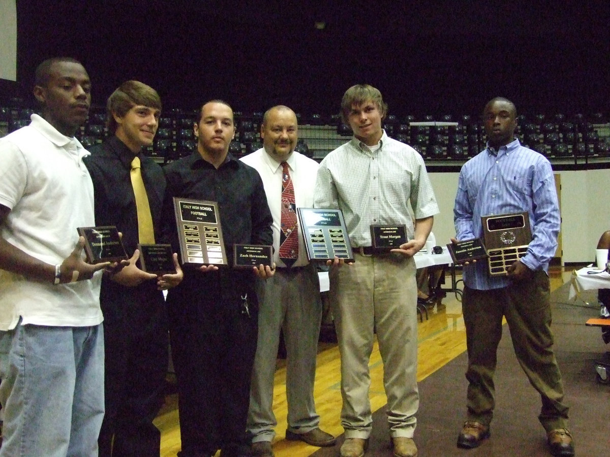 Image: Football winners — (L-R) Desmond Anderson, Clay Major, Zach Hernandez, Coach Bales, Trent Morgan and Jasenio Anderson.