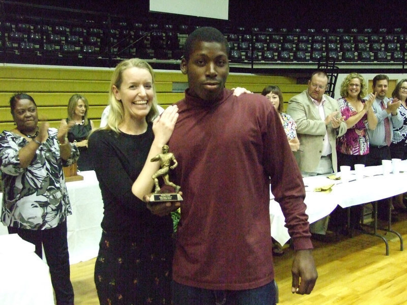 Image: Big Heart Award — Teacher Kelly Vernon congratulates Curtis Cole for the Keith Davis “Big Heart” Award. “No one deserves it more.”