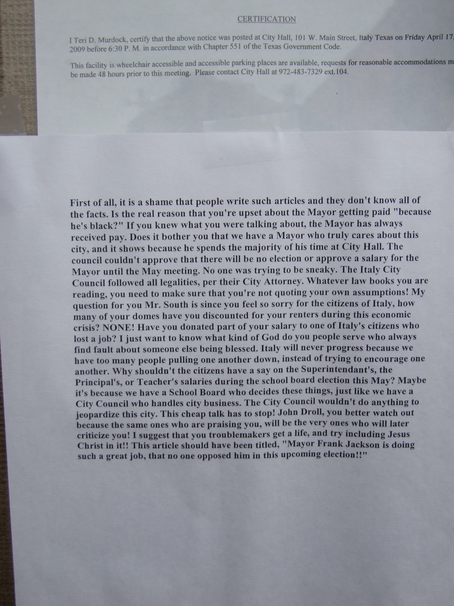 Image: Letter posted outside city hall — This letter was taped to the glass outside City Hall where official notices are posted.