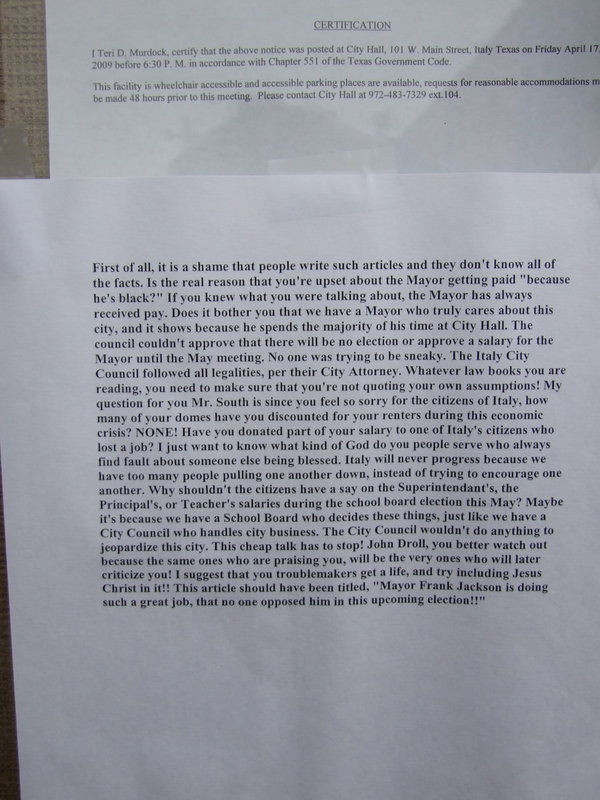 Image: Letter posted outside city hall — This letter was taped to the glass outside City Hall where official notices are posted.