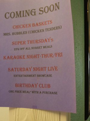 Image: Specials — Poster telling of their dinner specials and special events.