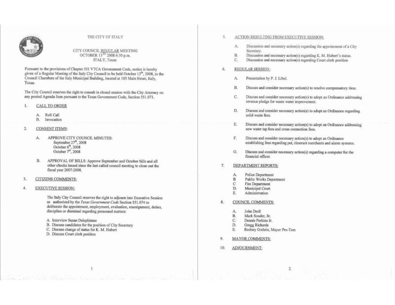 Image: Agenda pages 1, 2 — Agenda for City of Italy regularly scheduled council meeting for October 13, 2008.
