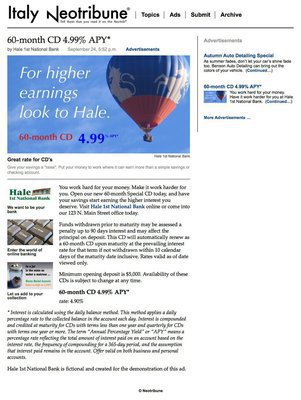 Image: Example full advertisement — An example advertisement story with three images. Each image can tell part of your story. They can be a photograph or a graphic (JPEG only). The first image is used for the display ad image (upper right) and shows both the short caption and the long caption. Users click on the images to enlarge them and read the long captions of all the images.
