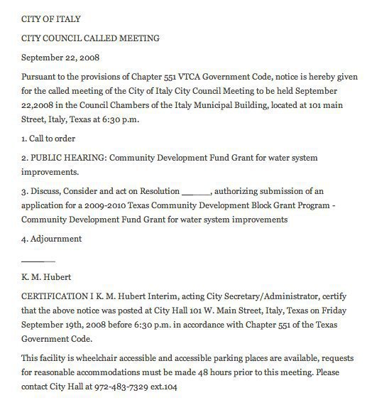 Image: City council agenda 09/22/2008 — The council for the City of Italy has called a meeting to hold a public hearing concerning a Community Development Fund Grant for water system improvements.