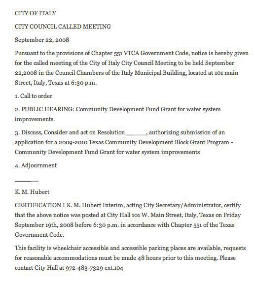 Image: City council agenda 09/22/2008 — The council for the City of Italy has called a meeting to hold a public hearing concerning a Community Development Fund Grant for water system improvements.