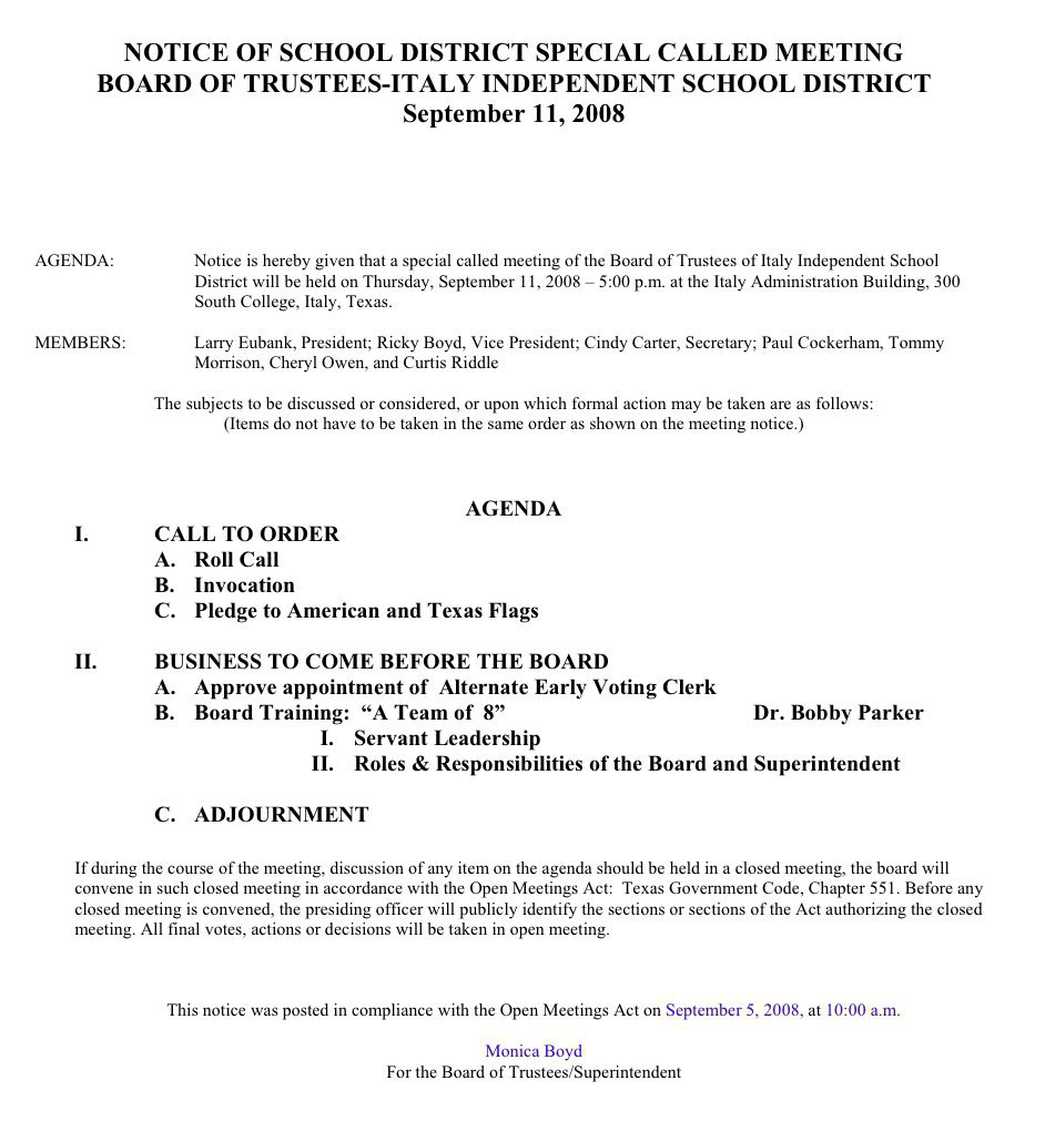 Image: Agenda: Italy ISD — Agenda for September 11, 2008 Special Called Meeting of the Italy ISD.